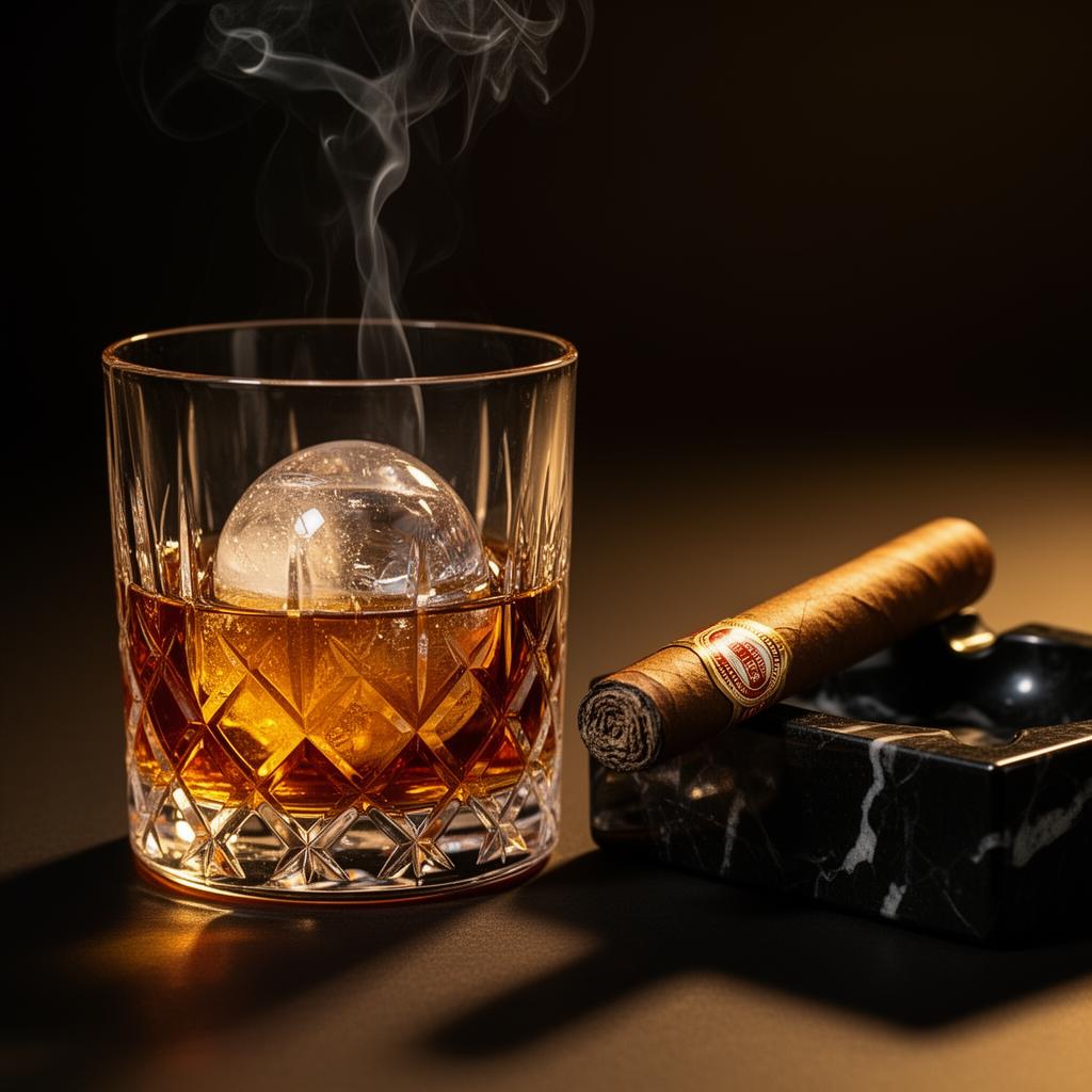 Crystal whiskey glass and premium cigar